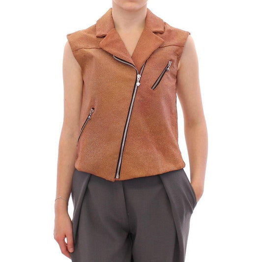 La Maison du Couturier Brown Leather Jacket Vest La Maison du Couturier