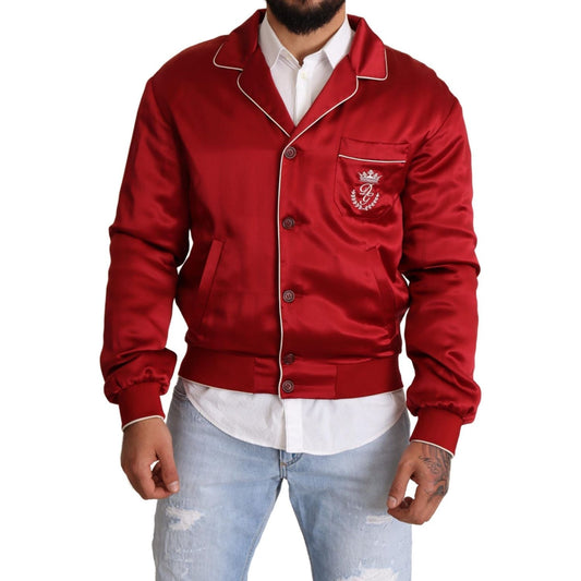 Dolce & Gabbana Red Silk Button DG Logo Bomber Jacket Dolce & Gabbana
