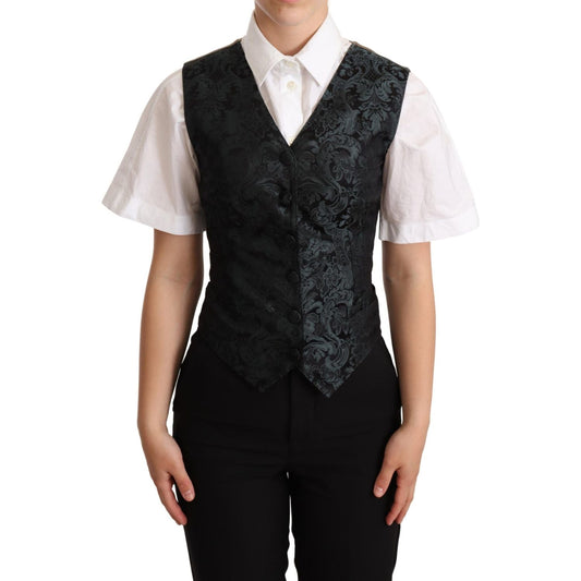 Dolce & Gabbana Black Jacquard Floral Waistcoat Vest Green Dolce & Gabbana