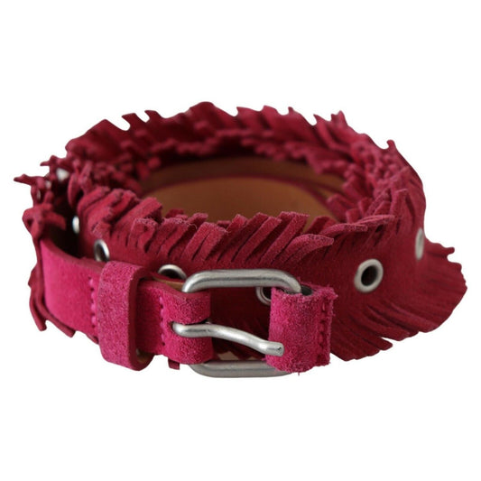 Ermanno Scervino Maroon Leather Fringes Silver Buckle Waist Belt