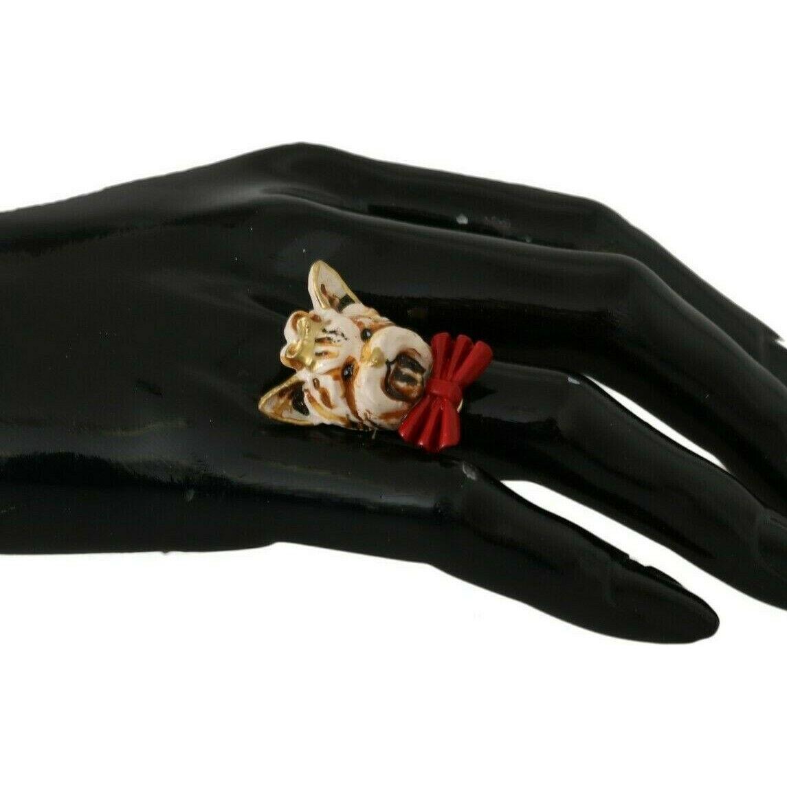 Dolce & Gabbana Gold Brass Resin Beige Dog Pet Branded Accessory Ring Dolce & Gabbana
