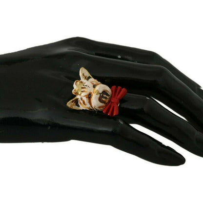 Dolce & Gabbana Gold Brass Resin Beige Dog Pet Branded Accessory Ring Dolce & Gabbana