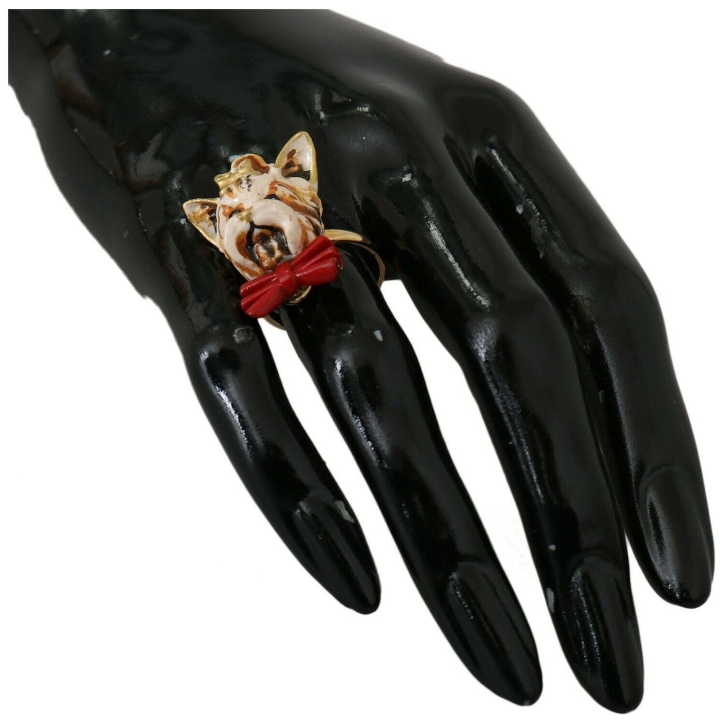 Dolce & Gabbana Gold Brass Resin Beige Dog Pet Branded Accessory Ring Dolce & Gabbana