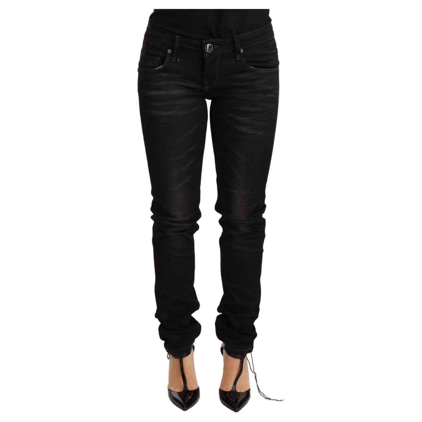 Acht Black Washed Cotton Slim Fit Denim Low Waist Trouser Jeans Acht
