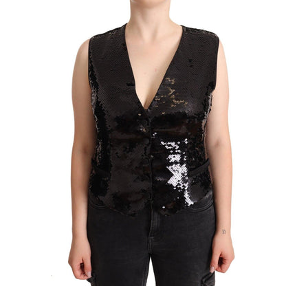 Dolce & Gabbana Black Sequin V-Neck Sleeveless Vest Tank Top WOMAN TOPS AND SHIRTS