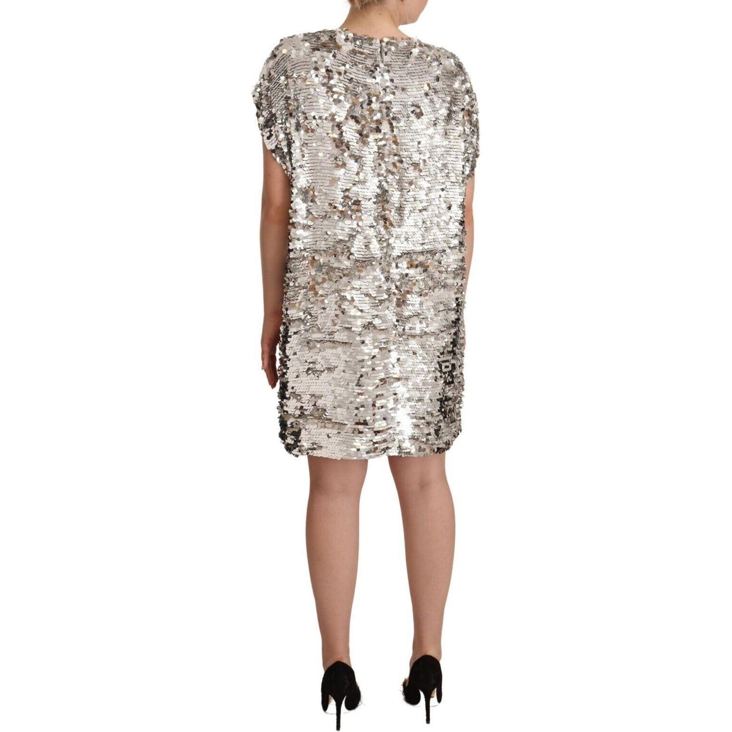 MSGM Silver Sequined Polyester Short Sleeves Shift Mini Dress MSGM