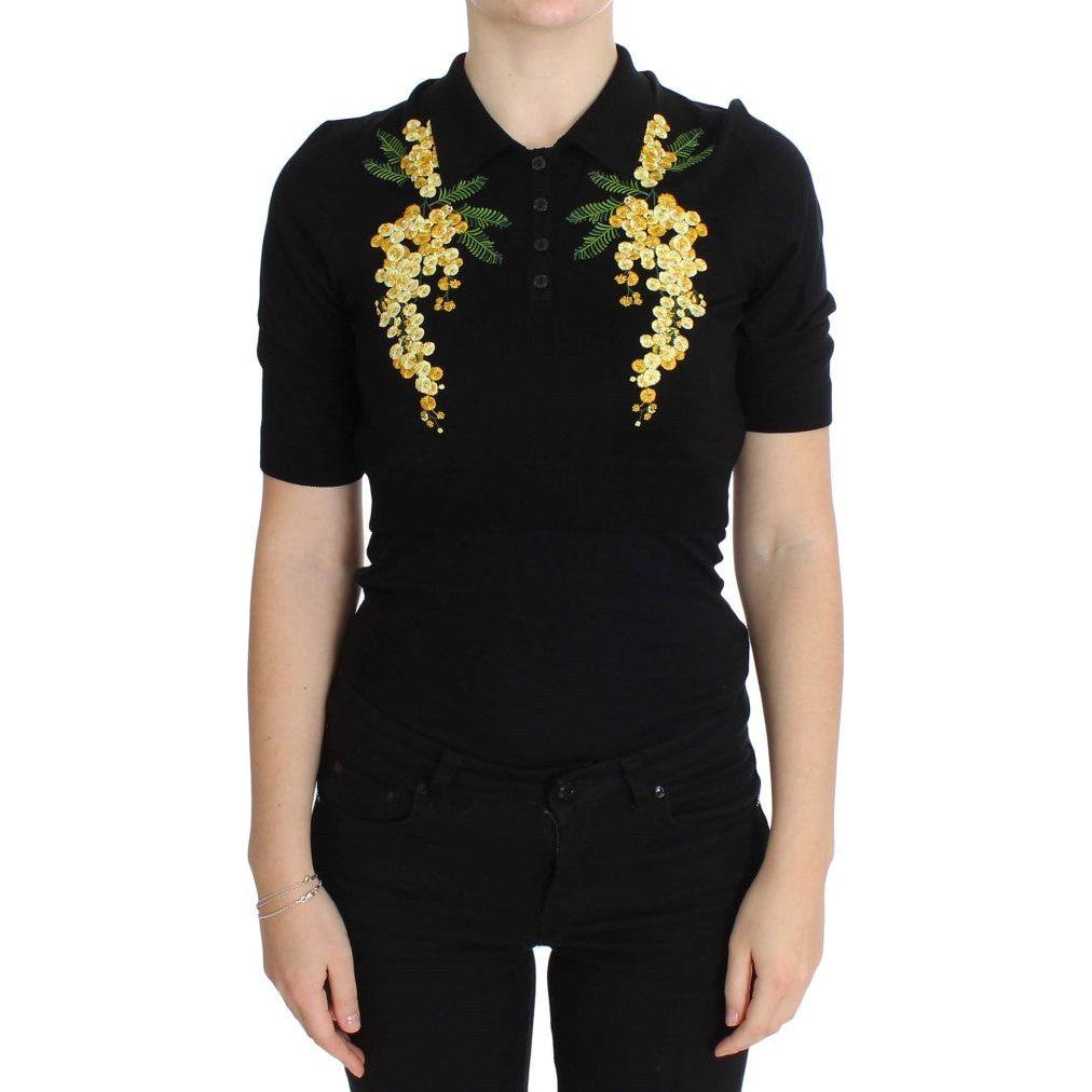 Dolce & Gabbana Black Silk Floral Embroidered Polo Top Dolce & Gabbana
