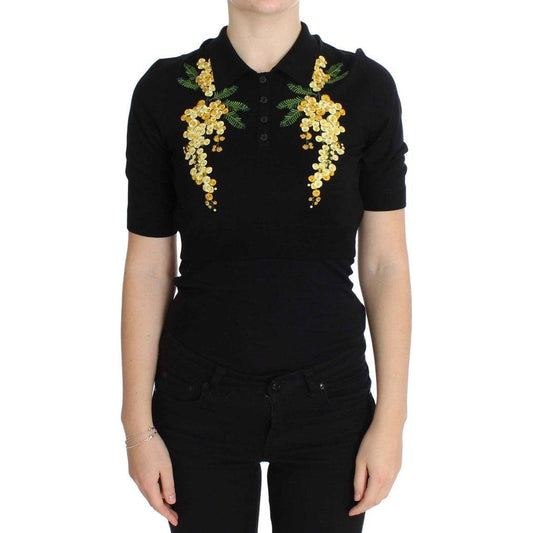 Dolce & Gabbana Black Silk Floral Embroidered Polo Top Dolce & Gabbana