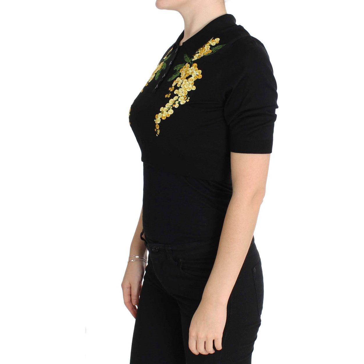 Dolce & Gabbana Black Silk Floral Embroidered Polo Top Dolce & Gabbana