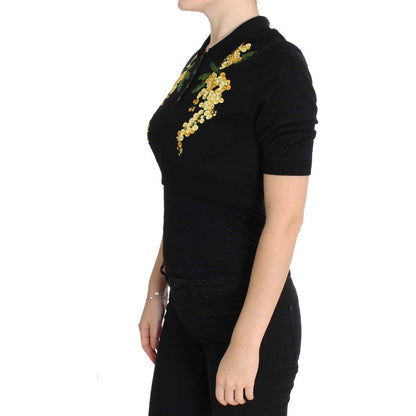 Dolce & Gabbana Black Silk Floral Embroidered Polo Top Dolce & Gabbana