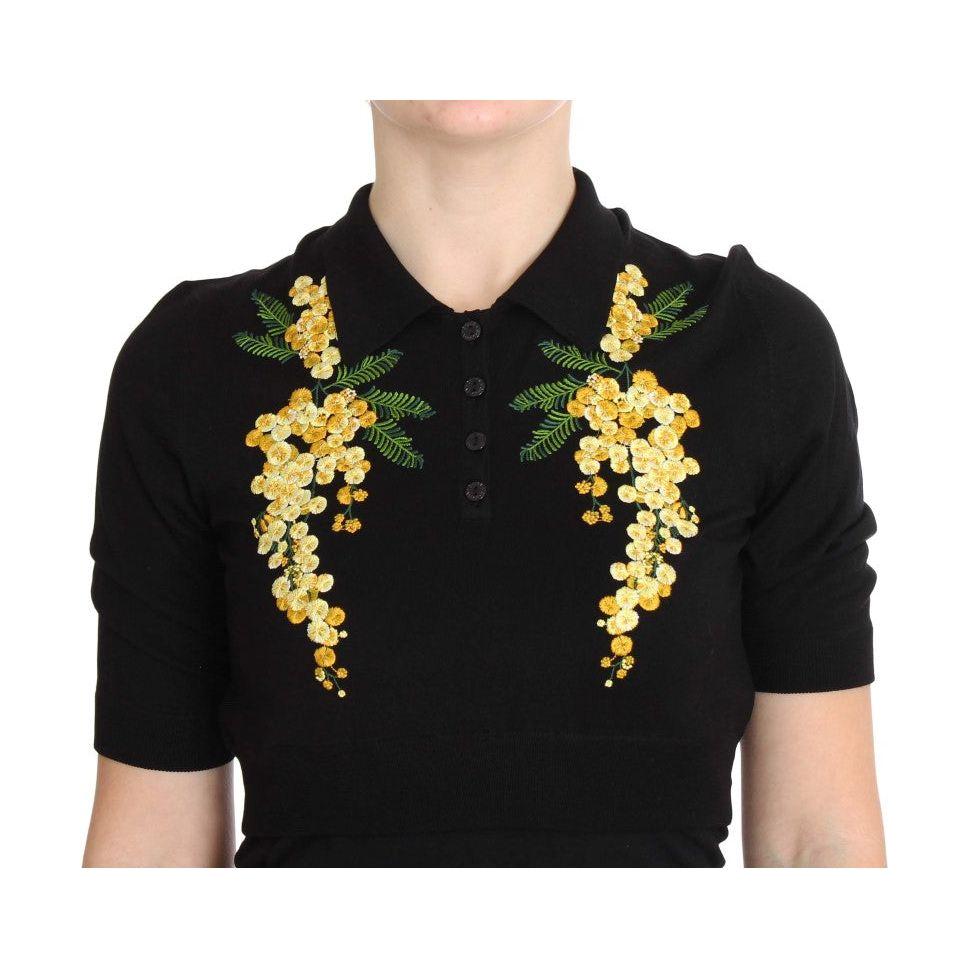 Dolce & Gabbana Black Silk Floral Embroidered Polo Top Dolce & Gabbana