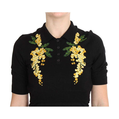 Dolce & Gabbana Black Silk Floral Embroidered Polo Top Dolce & Gabbana