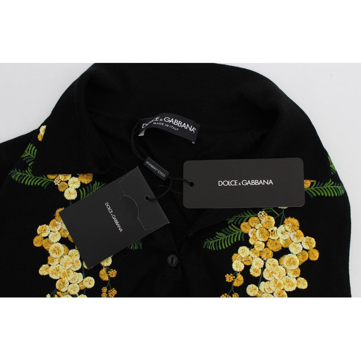 Dolce & Gabbana Black Silk Floral Embroidered Polo Top Dolce & Gabbana