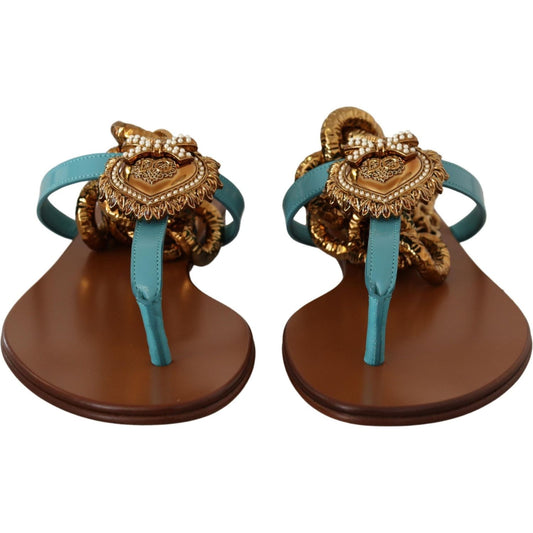 Dolce & Gabbana Blue Leather Devotion Flats Sandals LA9765 -35
