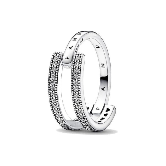 PANDORA JEWELS Mod. SIGNATURE LOGO & PAVE DOUBLE BAND - RING - Size 54 Ring