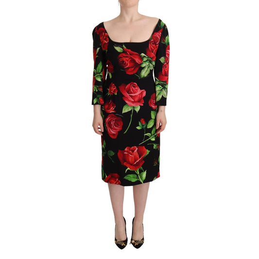 Dolce & Gabbana Black Red Roses Sheath Stretch Silk Dress