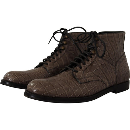 Dolce & Gabbana Gray Crocodile Leather Derby Boots 1728,67345645728,Boots - Men - Shoes,Boots - Shoes,Dolce & Gabbana,EU42/US9,Gray,Lace-Up Boots - Boots - Shoes,Material: 100% Crocodile,Men,Men - Shoes,New with tags,Shoes