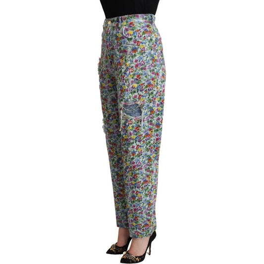 Dolce & Gabbana Blue Floral Print High Waist Denim Tapered Jeans PAN72791 - 40
