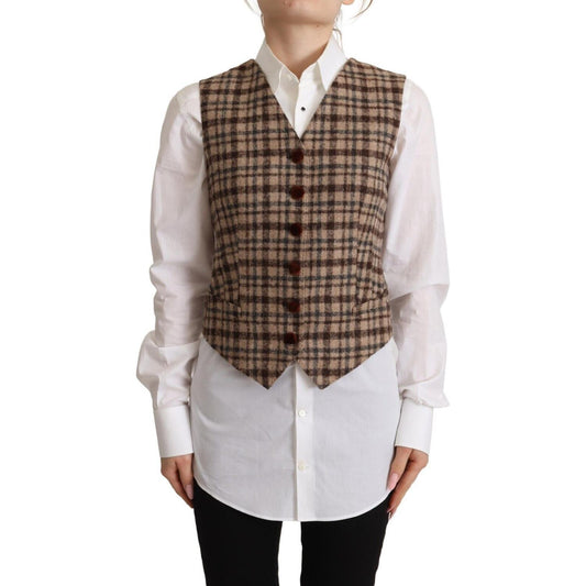 Dolce & Gabbana Brown Checkered Leopard V-neck Sleeveless Vest Top Dolce & Gabbana