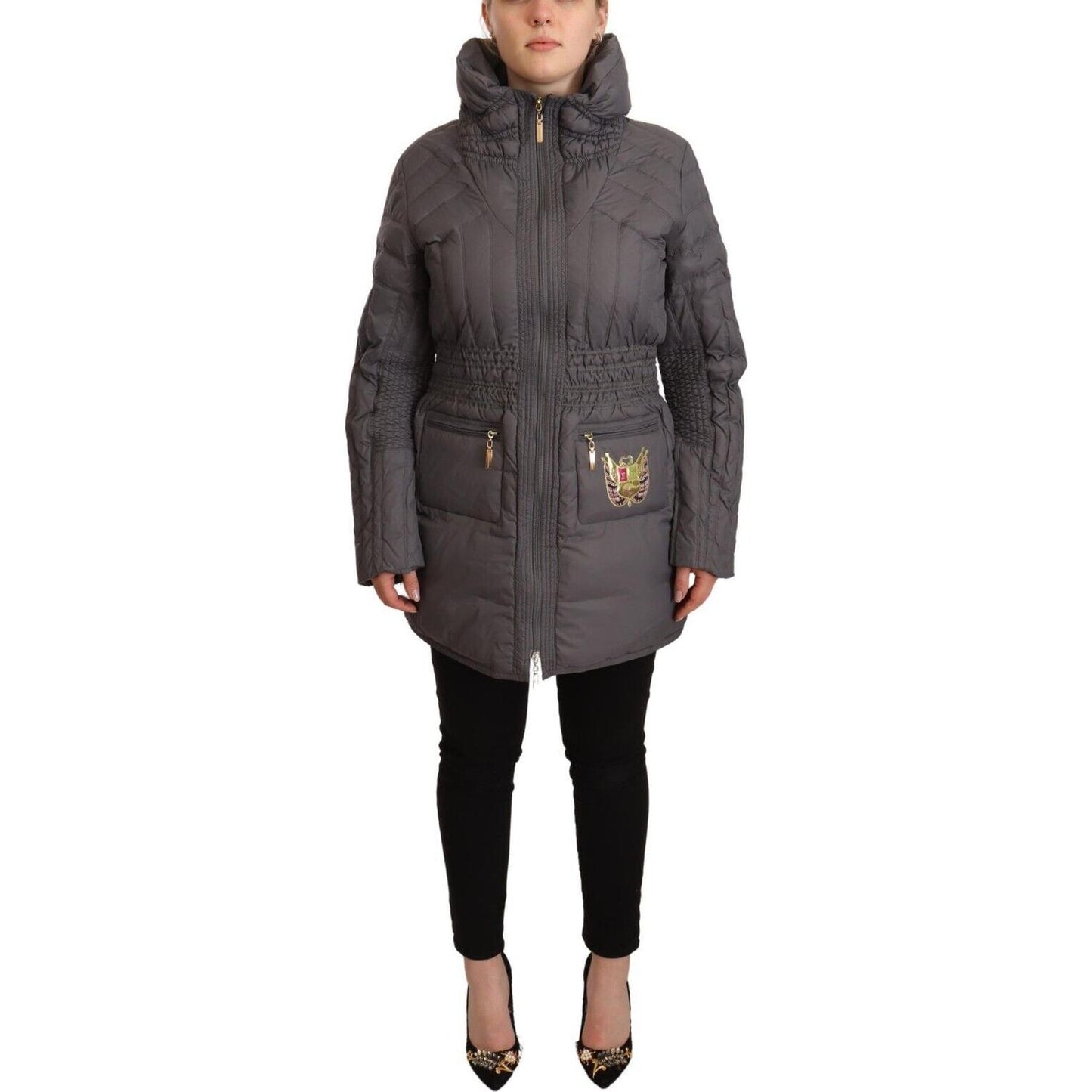 Roccobarocco Gray Quilted Long Sleeves Logo Patch Full Zip Jacket