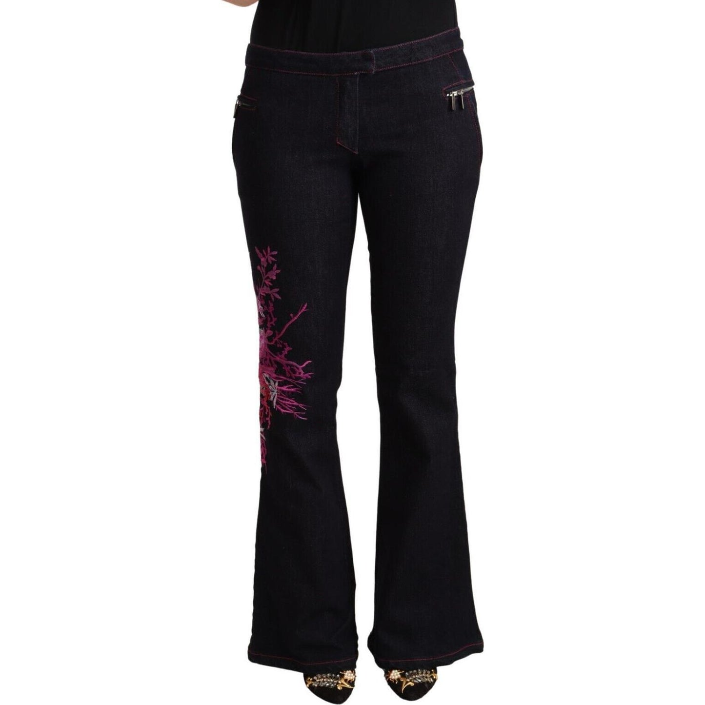 Exte Black Cotton Mid Waist Cotton Flared Jeans Exte