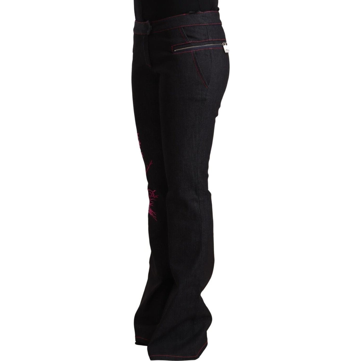Exte Black Cotton Stretch Mid Waist Cotton Flared Denim Jeans Exte