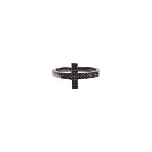 Nialaya Black CZ Cross Rhodium 925 Ring Nialaya