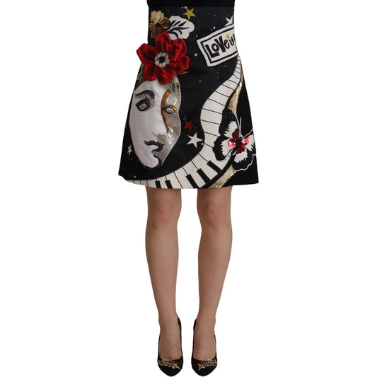 Dolce & Gabbana Black Love Clock Sequined Piano Skirt Dolce & Gabbana