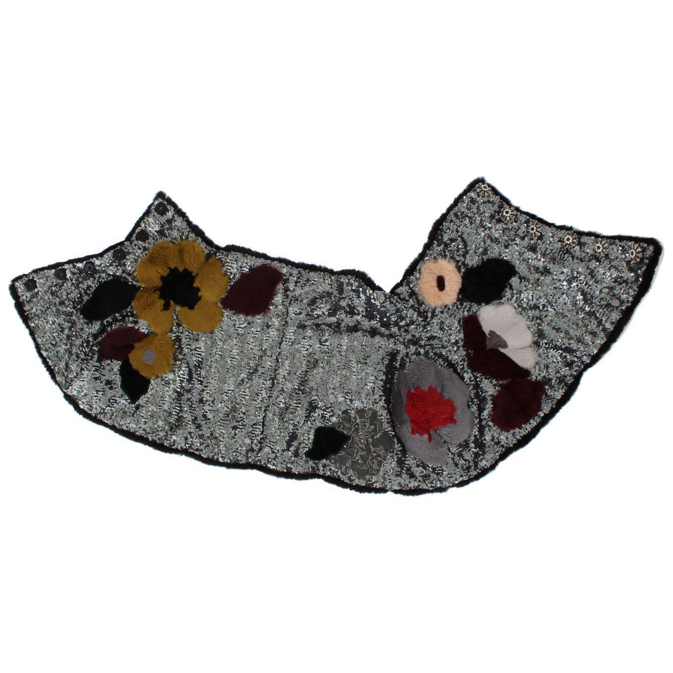 Dolce & Gabbana Silver Sequined Floral Weasel Fur Shoulder Scarf Wrap Dolce & Gabbana