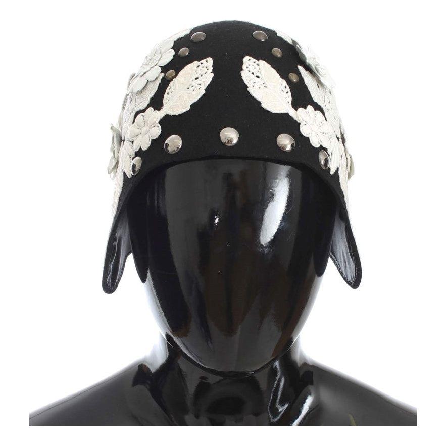 Dolce & Gabbana Black Wool White Floral Gold Leaf Hat Dolce & Gabbana