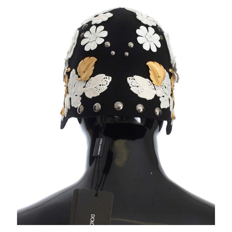 Dolce & Gabbana Black Wool White Floral Gold Leaf Hat