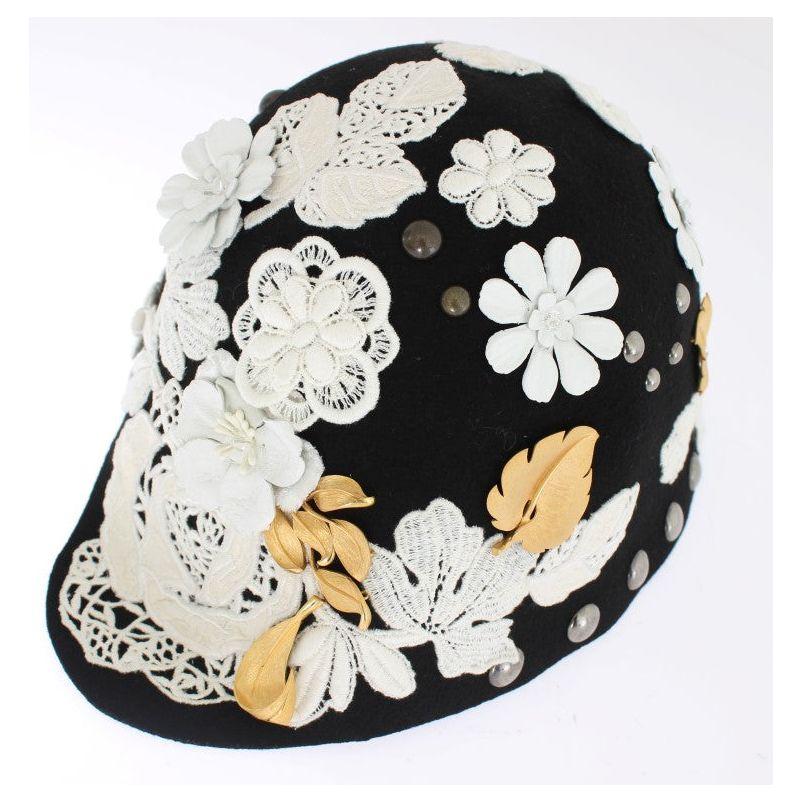 Dolce & Gabbana Black Wool White Floral Gold Leaf Hat Dolce & Gabbana