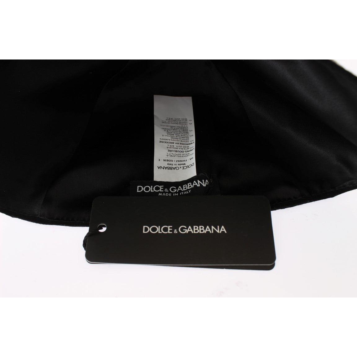 Dolce & Gabbana Black Wool White Floral Gold Leaf Hat Dolce & Gabbana