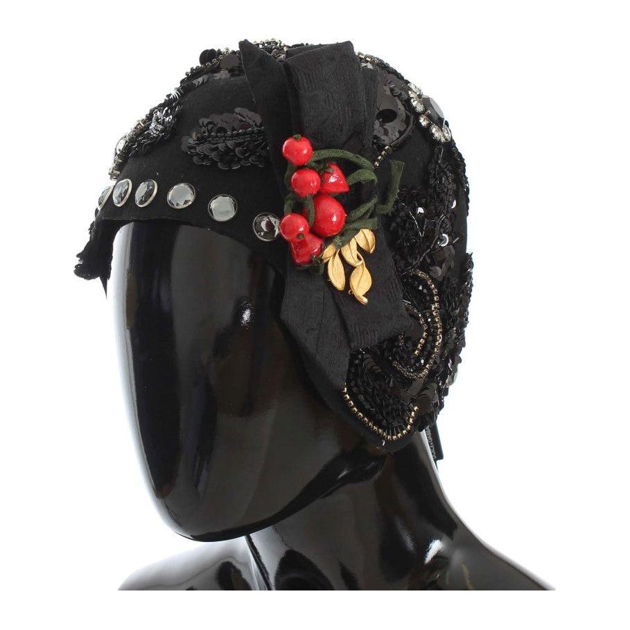 Dolce & Gabbana Black Crystal Gold Cherries Brooch Hat