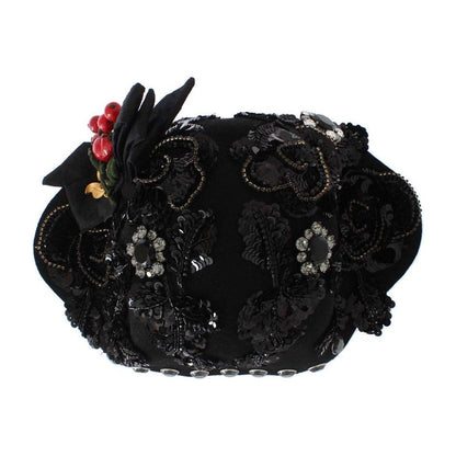 Dolce & Gabbana Black Crystal Gold Cherries Brooch Hat Dolce & Gabbana