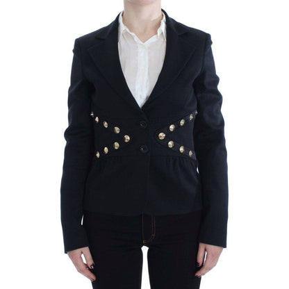 Exte Black Cotton Stretch Gold Studded Blazer Jacket Exte