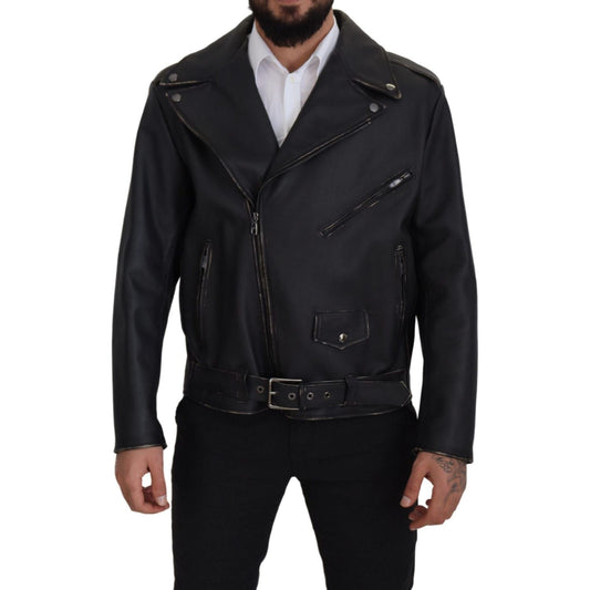 Dolce & Gabbana Black Leather Biker Coat Zipper Jacket Dolce & Gabbana