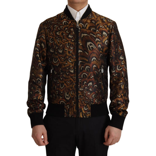 Dolce & Gabbana Brown Feather Full Zip Blouson Jacket Dolce & Gabbana