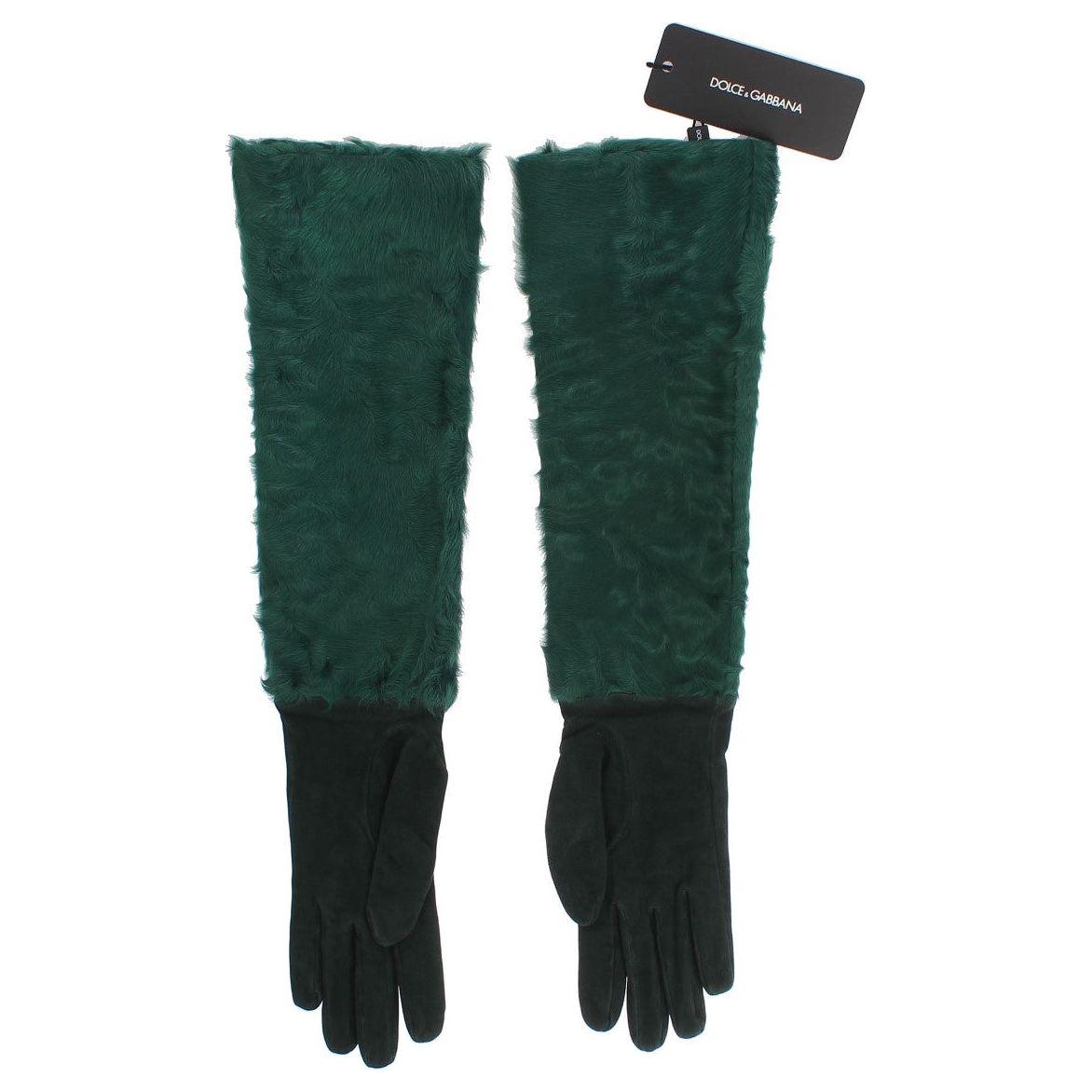 Dolce & Gabbana Green Leather Xiangao Fur Elbow Gloves Dolce & Gabbana