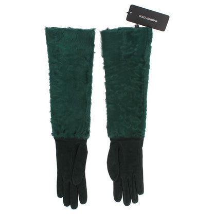Dolce & Gabbana Green Leather Xiangao Fur Elbow Gloves Dolce & Gabbana