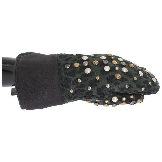 Dolce & Gabbana Gray Wool Shearling Studded Green Leopard Gloves Dolce & Gabbana