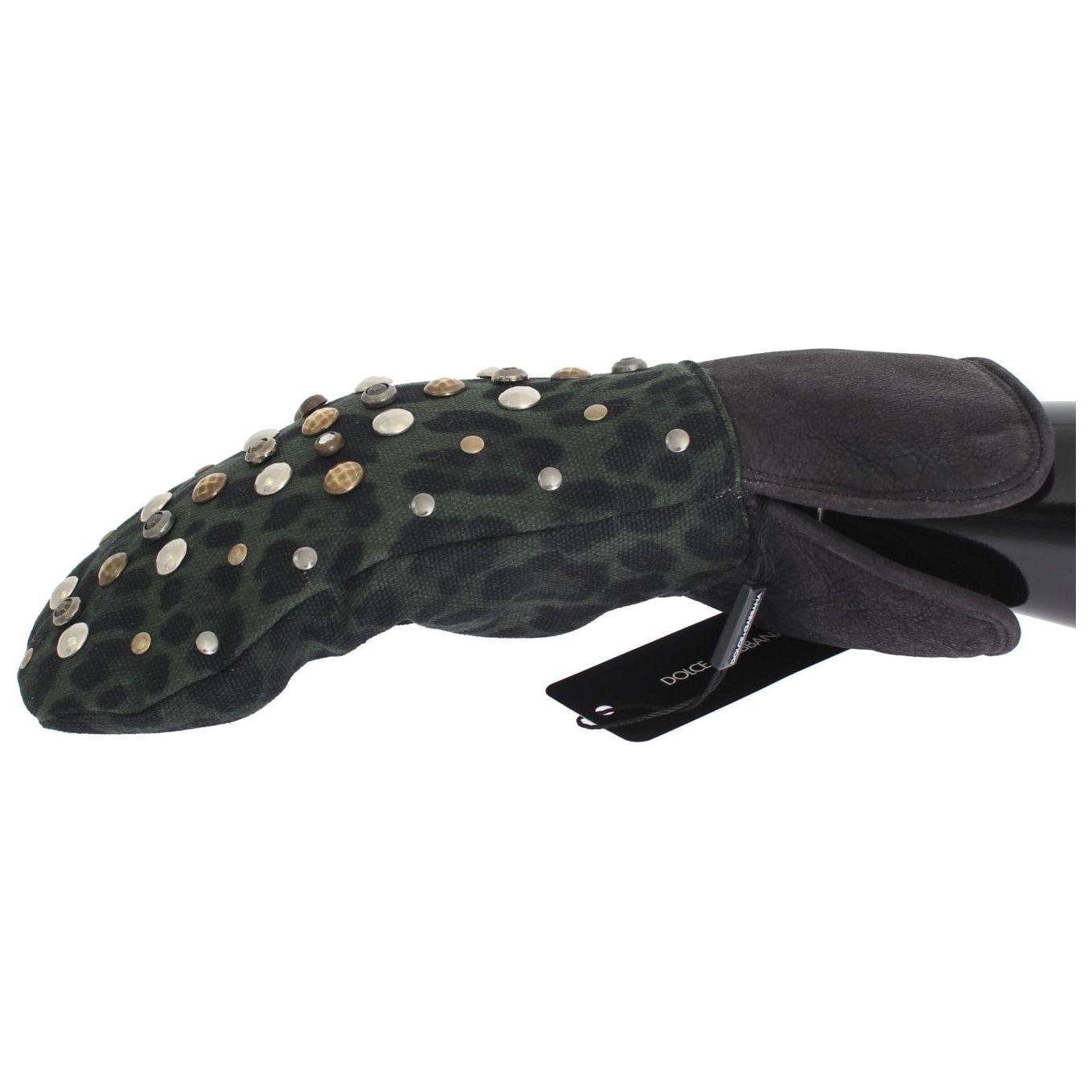 Dolce & Gabbana Gray Wool Shearling Studded Green Leopard Gloves Dolce & Gabbana