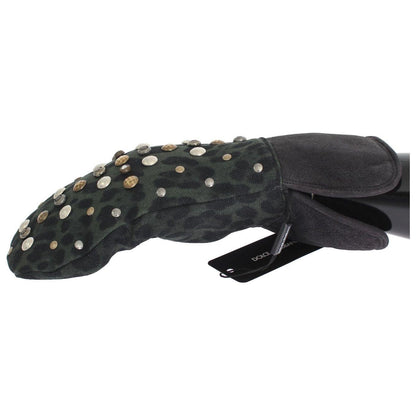 Dolce & Gabbana Gray Wool Shearling Studded Green Leopard Gloves Dolce & Gabbana