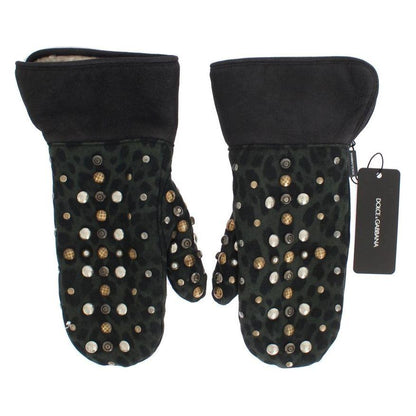 Dolce & Gabbana Gray Wool Shearling Studded Green Leopard Gloves Dolce & Gabbana