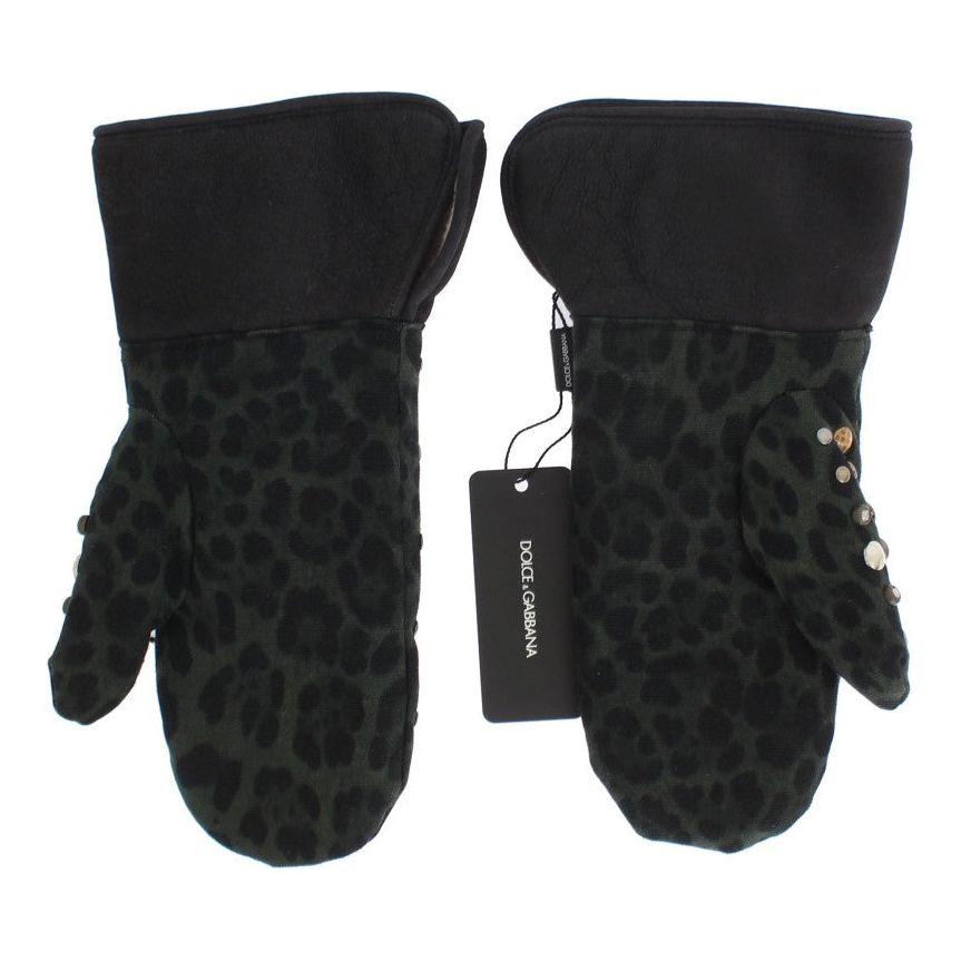 Dolce & Gabbana Gray Wool Shearling Studded Green Leopard Gloves Dolce & Gabbana