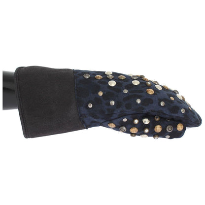 Dolce & Gabbana Gray Wool Shearling Studded Blue Leopard Gloves Dolce & Gabbana