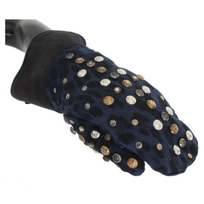 Dolce & Gabbana Gray Wool Shearling Studded Blue Leopard Gloves Dolce & Gabbana