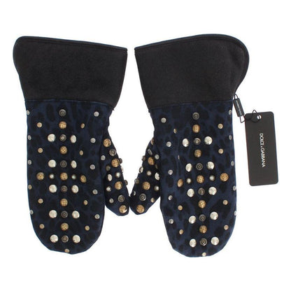 Dolce & Gabbana Gray Wool Shearling Studded Blue Leopard Gloves Dolce & Gabbana