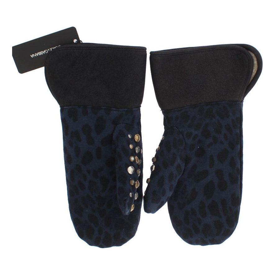 Dolce & Gabbana Gray Wool Shearling Studded Blue Leopard Gloves Dolce & Gabbana