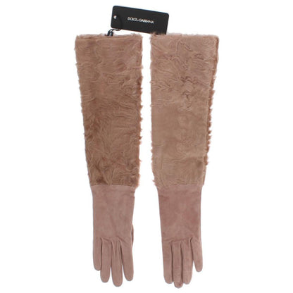 Dolce & Gabbana Beige Suede Xiangao Fur Elbow Gloves Dolce & Gabbana